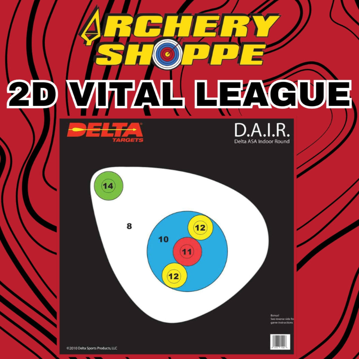 Archery target with Delta Targets branding on a red background, featuring the Archery Shoppe logo.