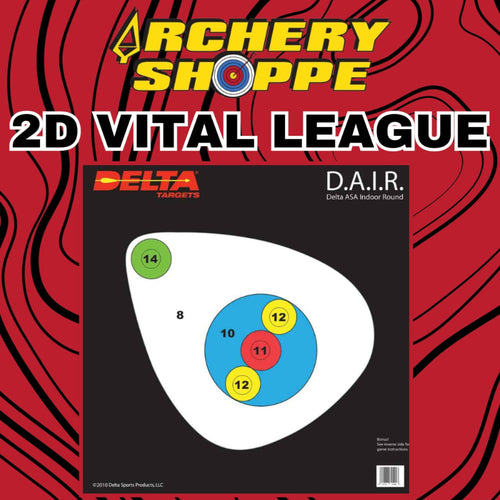 Archery target with Delta Targets branding on a red background, featuring the Archery Shoppe logo.